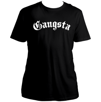 Black Gangsta Unisex T-Shirt with gothic-style Gangsta typography by Garrari
