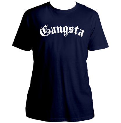 Navy Blue Gangsta Unisex T-Shirt with urban gothic typography design by Garrari