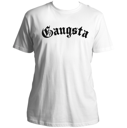 White Gangsta Unisex T-Shirt with black gothic typography print by Garrari