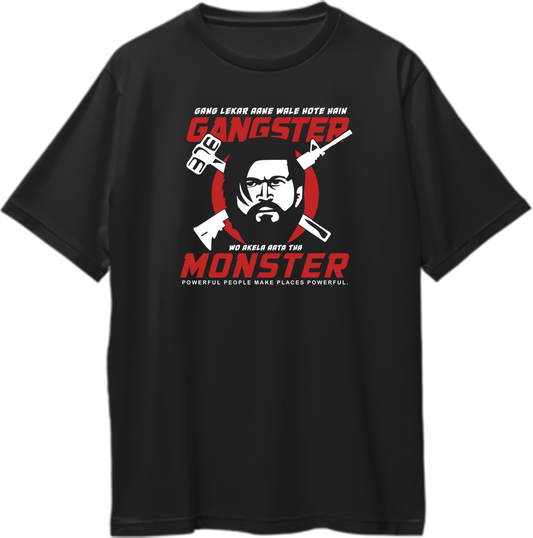 Front view of He’s A Monster KGF Oversized Unisex T-Shirt with bold dialogue and graphic of Rocky Bhai.