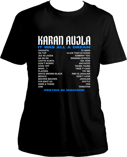 Front view of the Geetan Di Machine Karan Aujla T-Shirt, featuring bold typography and hit song titles like Gangsta and Softly.