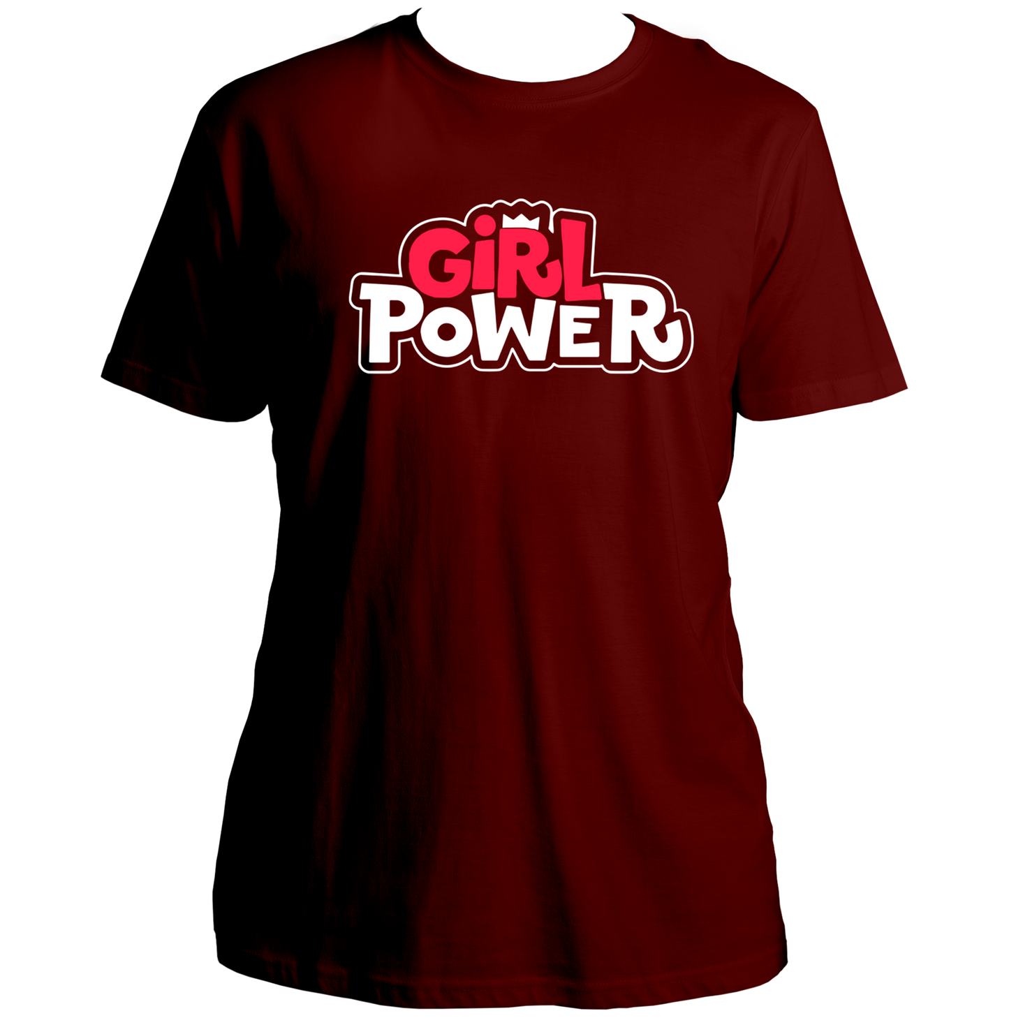 Maroon Girl Power Bold Logo Unisex T-Shirt with playful Girl Power typography by Garrari