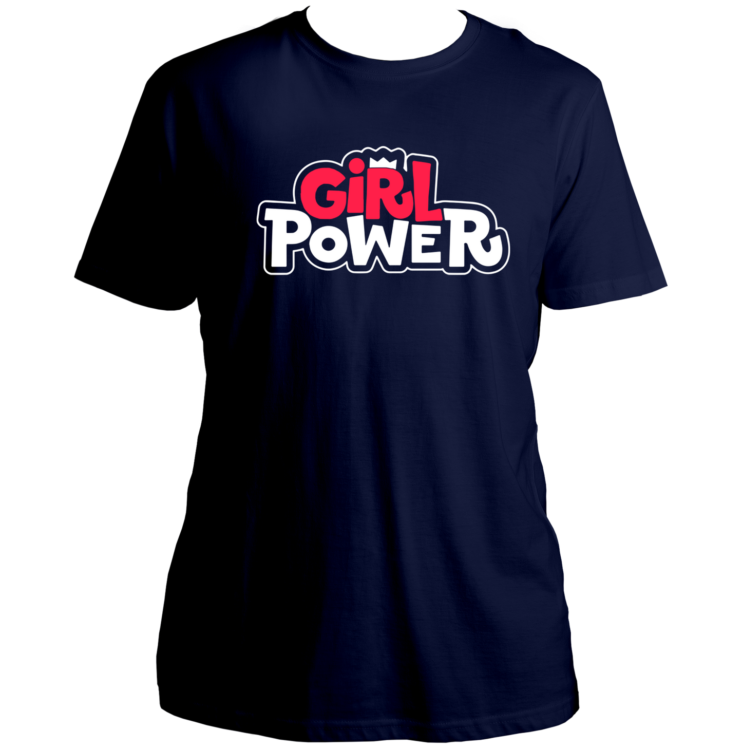 Navy Blue Girl Power Bold Logo Unisex T-Shirt with pink and black statement design by Garrari