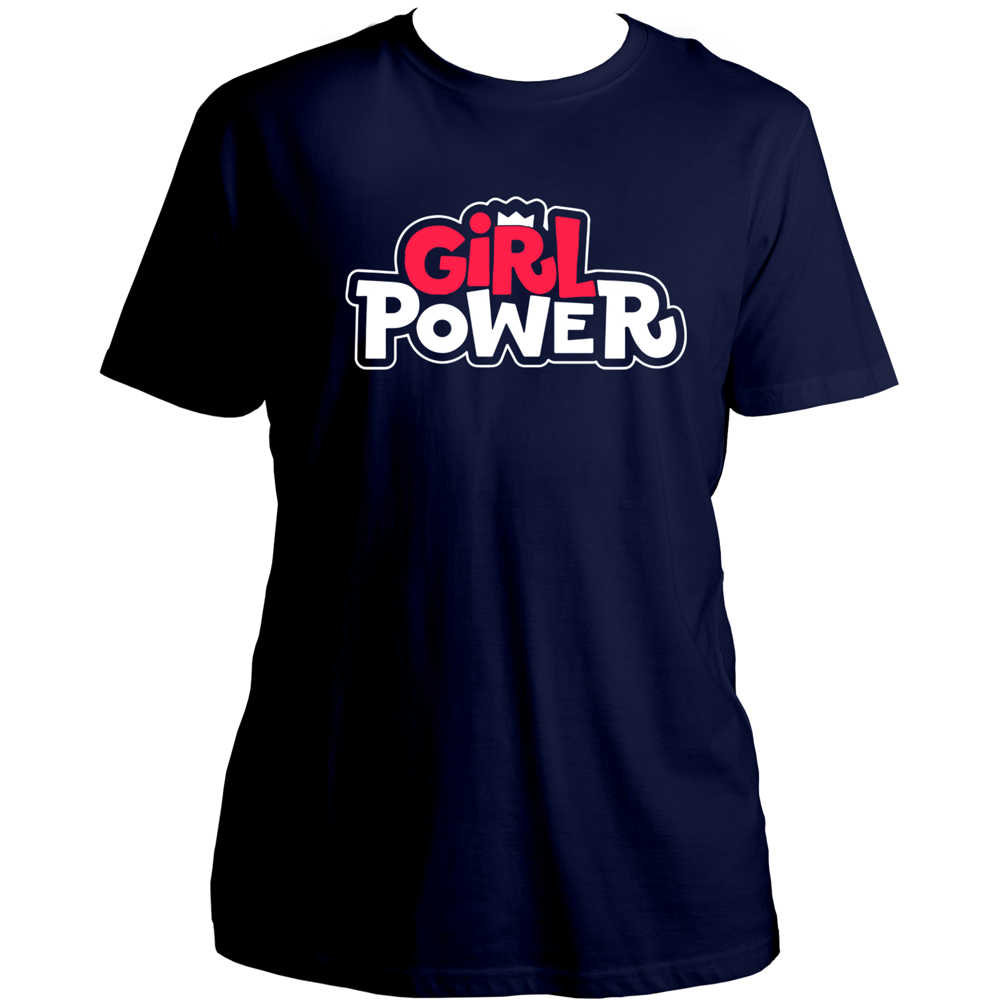Navy Blue Girl Power Bold Logo Unisex T-Shirt with pink and black statement design by Garrari