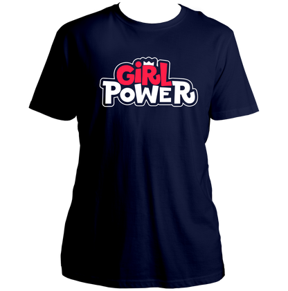 Navy Blue Girl Power Bold Logo Unisex T-Shirt with pink and black statement design by Garrari