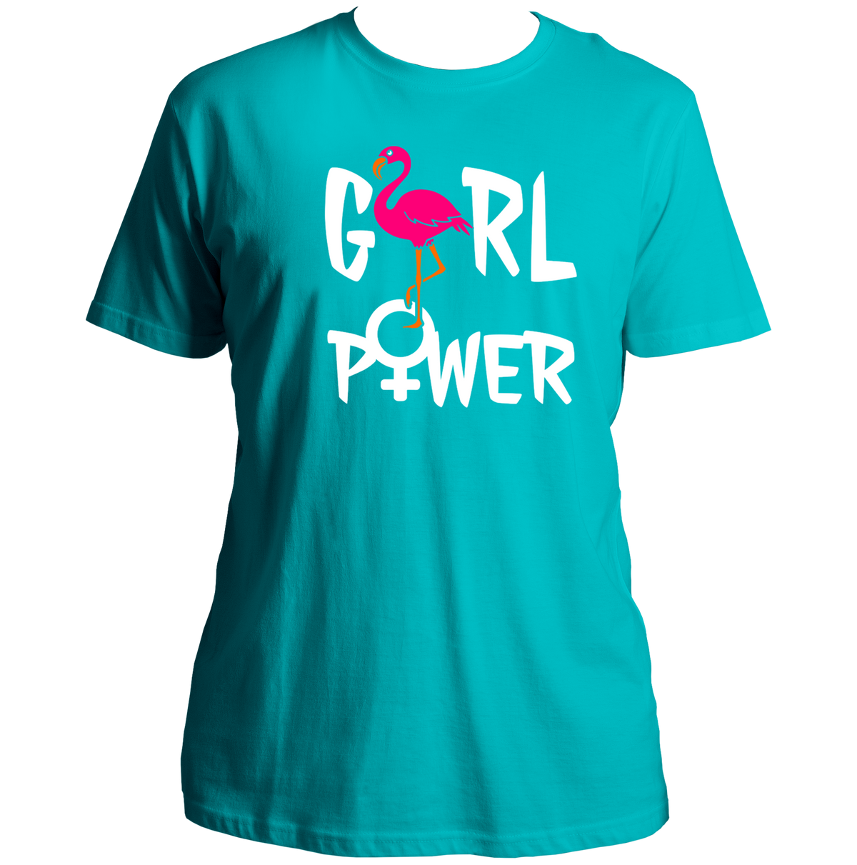 Aqua Blue Girl Power Unisex T-Shirt with pink flamingo graphic and white typography by Garrari