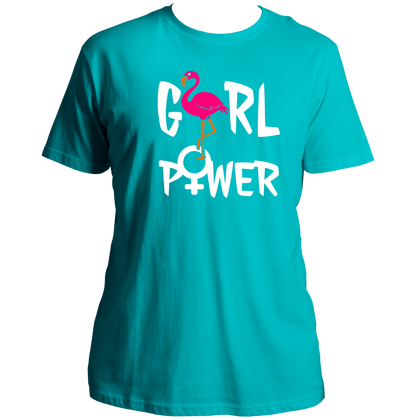 Aqua Blue Girl Power Unisex T-Shirt with pink flamingo graphic and white typography by Garrari