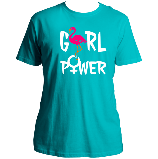 Aqua Blue Girl Power Unisex T-Shirt with pink flamingo graphic and white typography by Garrari