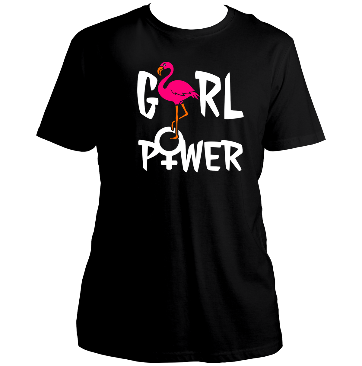 Black Girl Power Unisex T-Shirt with bold flamingo and female-symbol graphic by Garrari
