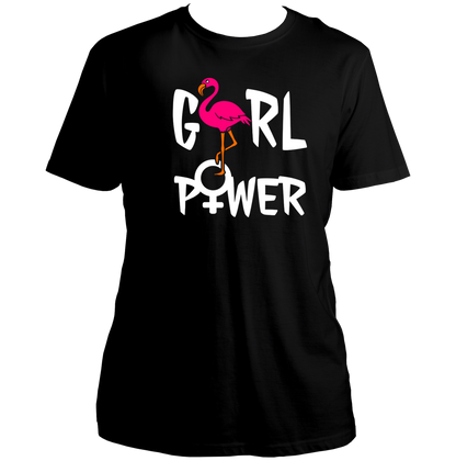 Black Girl Power Unisex T-Shirt with bold flamingo and female-symbol graphic by Garrari