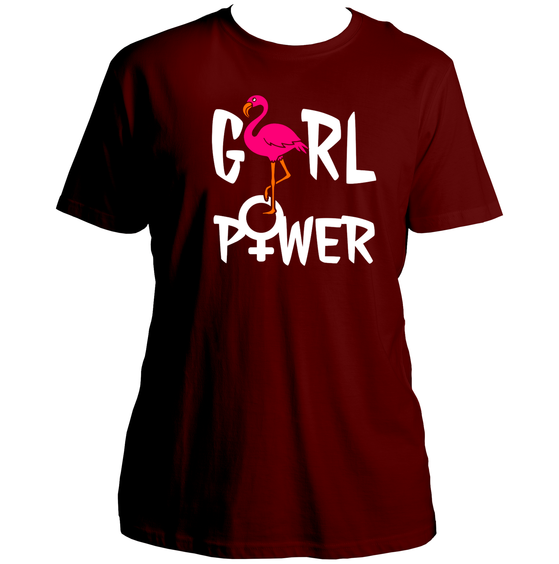 Maroon Girl Power Unisex T-Shirt with Girl Power typography and flamingo design by Garrari