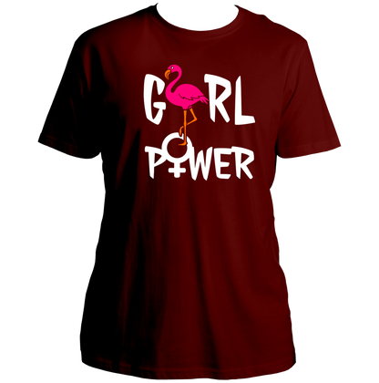 Maroon Girl Power Unisex T-Shirt with Girl Power typography and flamingo design by Garrari