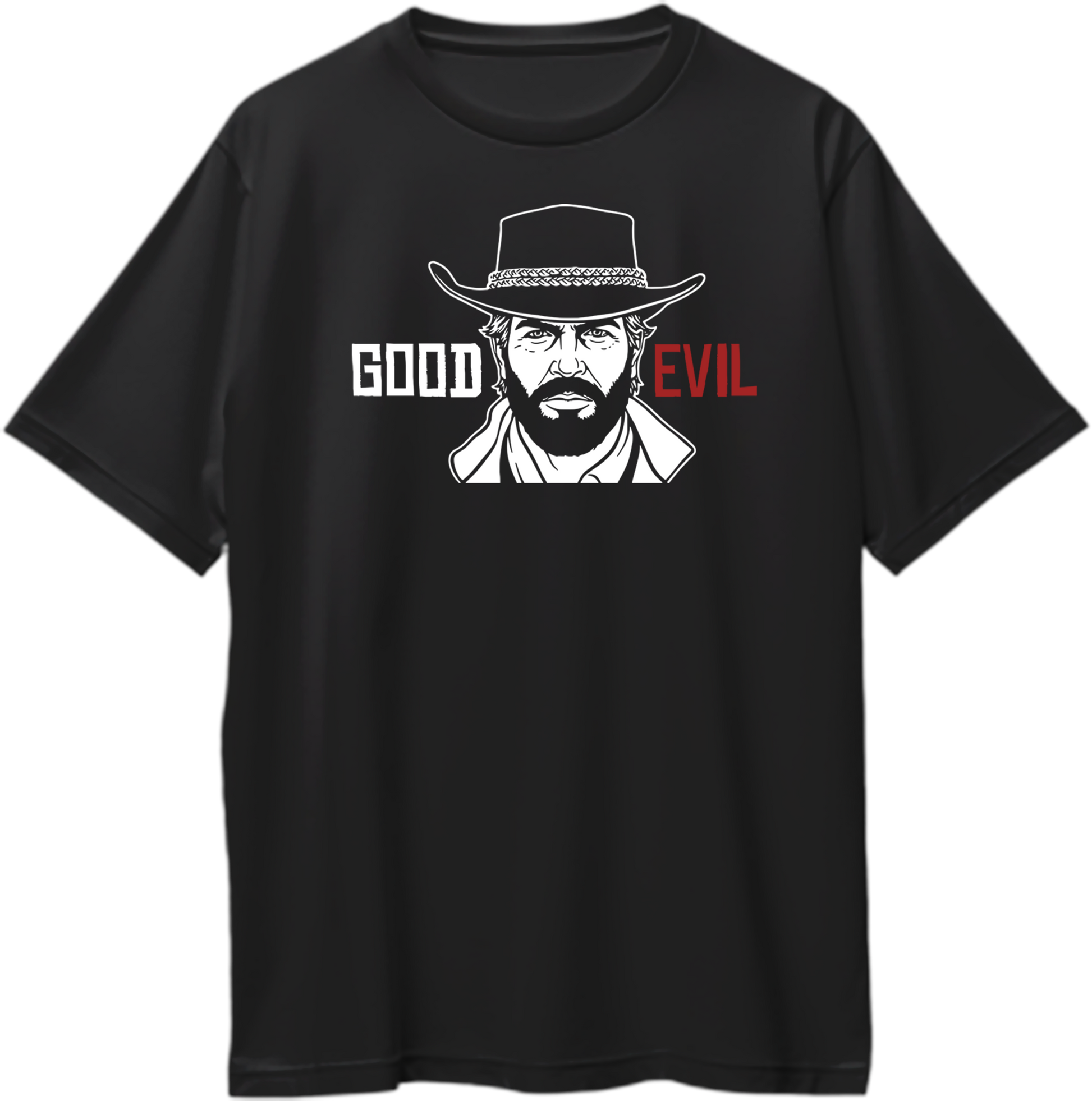 Black oversized t-shirt featuring Arthur Morgan portrait with text “Good Evil” in white and red – Garrari RDR2 Collection.