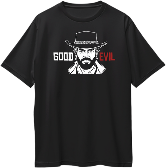 Black oversized t-shirt featuring Arthur Morgan portrait with text “Good Evil” in white and red – Garrari RDR2 Collection.