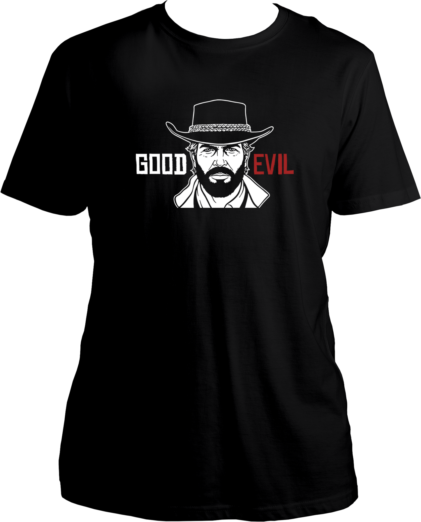 unisex t-shirt featuring Arthur Morgan with white “Good” and red “Evil” text – Garrari RDR2 Collection