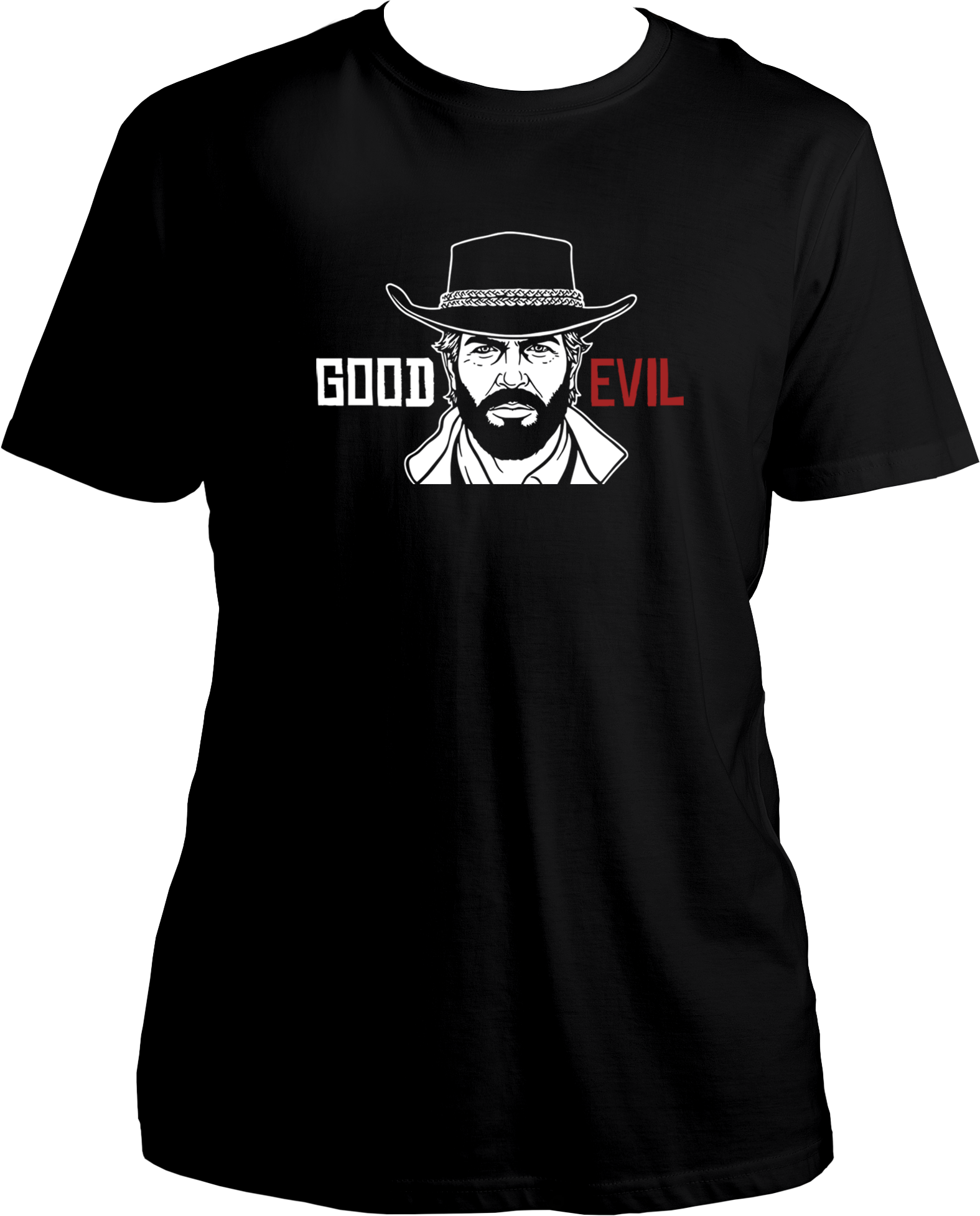 unisex t-shirt featuring Arthur Morgan with white “Good” and red “Evil” text – Garrari RDR2 Collection