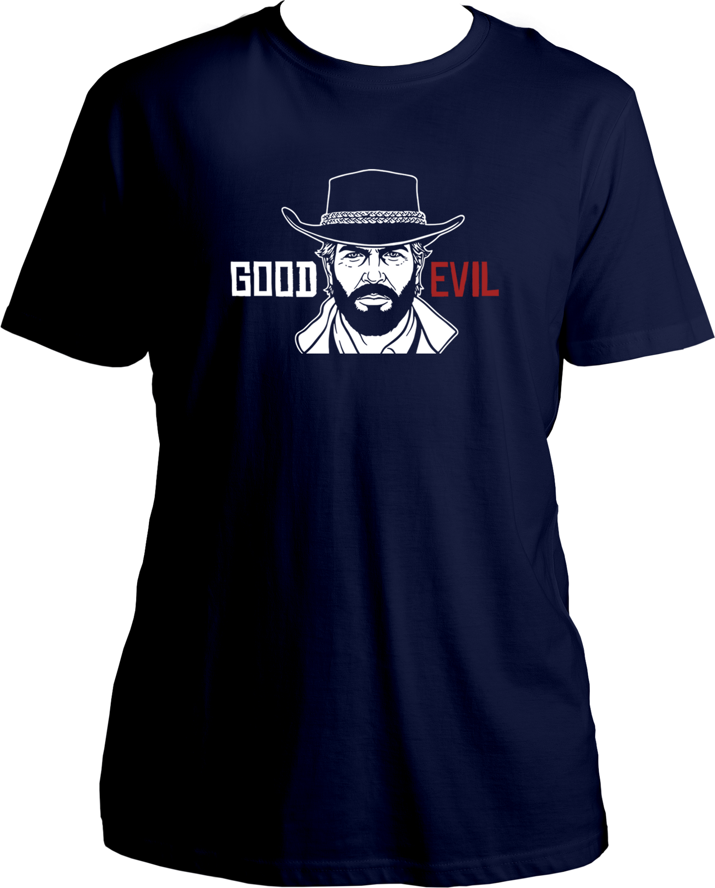 unisex t-shirt featuring Arthur Morgan with white “Good” and red “Evil” text – Garrari RDR2 Collection