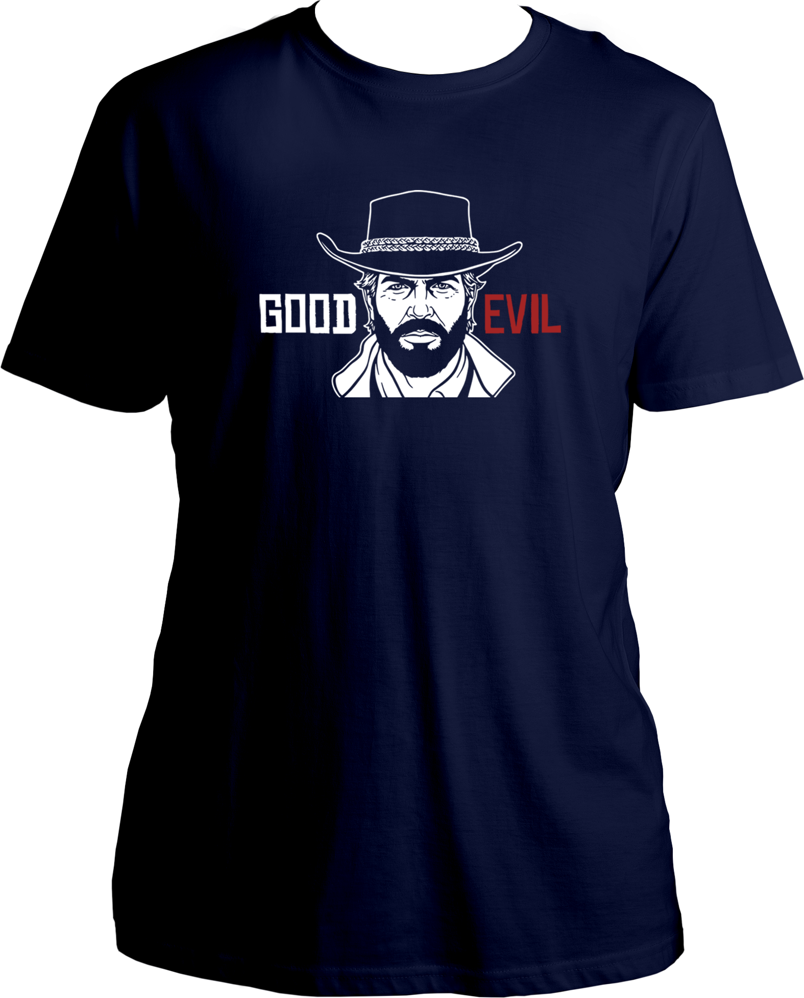 unisex t-shirt featuring Arthur Morgan with white “Good” and red “Evil” text – Garrari RDR2 Collection