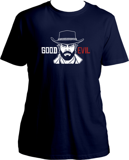 unisex t-shirt featuring Arthur Morgan with white “Good” and red “Evil” text – Garrari RDR2 Collection
