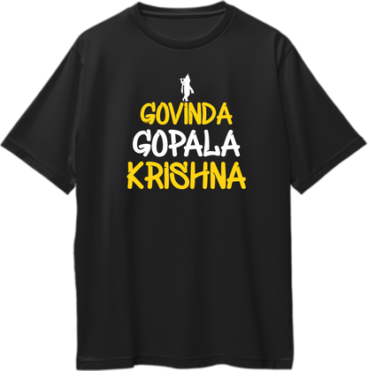 Black Govinda Gopala Krishna oversized T-shirt with Krishna devotional typography by Garrari