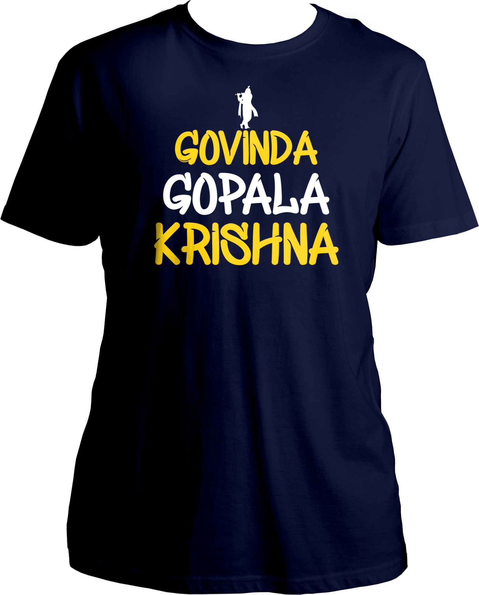 Govinda Gopala Krishna Unisex T-Shirt with Shri Krishna's divine names. Devotee wearing Govinda Gopala Krishna Unisex T-Shirt, symbolizing devotion