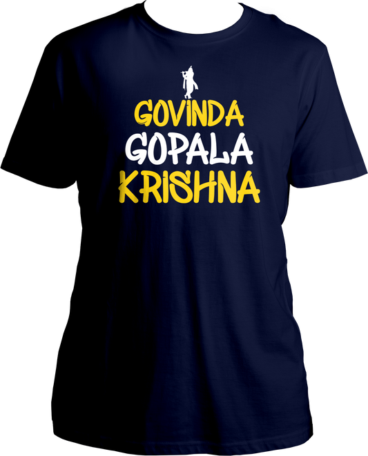 Govinda Gopala Krishna Unisex T-Shirt with Shri Krishna's divine names. Devotee wearing Govinda Gopala Krishna Unisex T-Shirt, symbolizing devotion