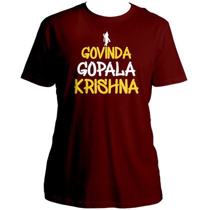 Maroon Govinda Gopala Krishna T-shirt with Vrindavan inspired Krishna print by Garrari