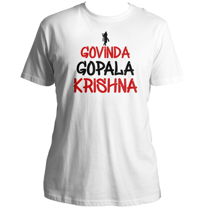 White Govinda Gopala Krishna T-shirt with Krishna devotional typography by Garrari