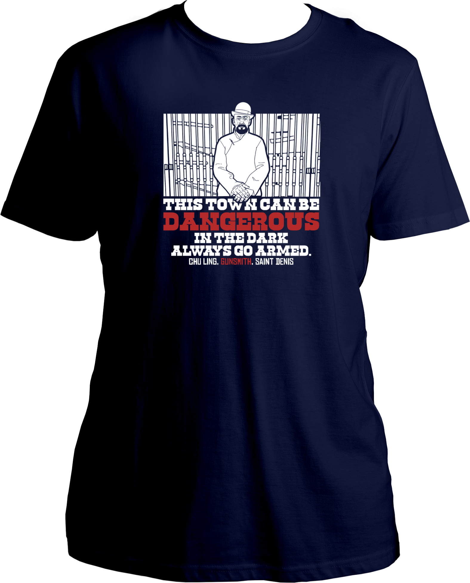 unisex t-shirt with Saint Denis Gunsmith Chu Ling design and quote “This town can be dangerous in the dark. Always go armed.” – Garrari RDR2 Collection