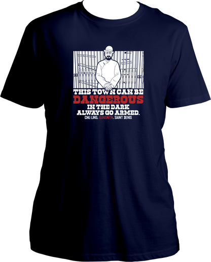 unisex t-shirt with Saint Denis Gunsmith Chu Ling design and quote “This town can be dangerous in the dark. Always go armed.” – Garrari RDR2 Collection