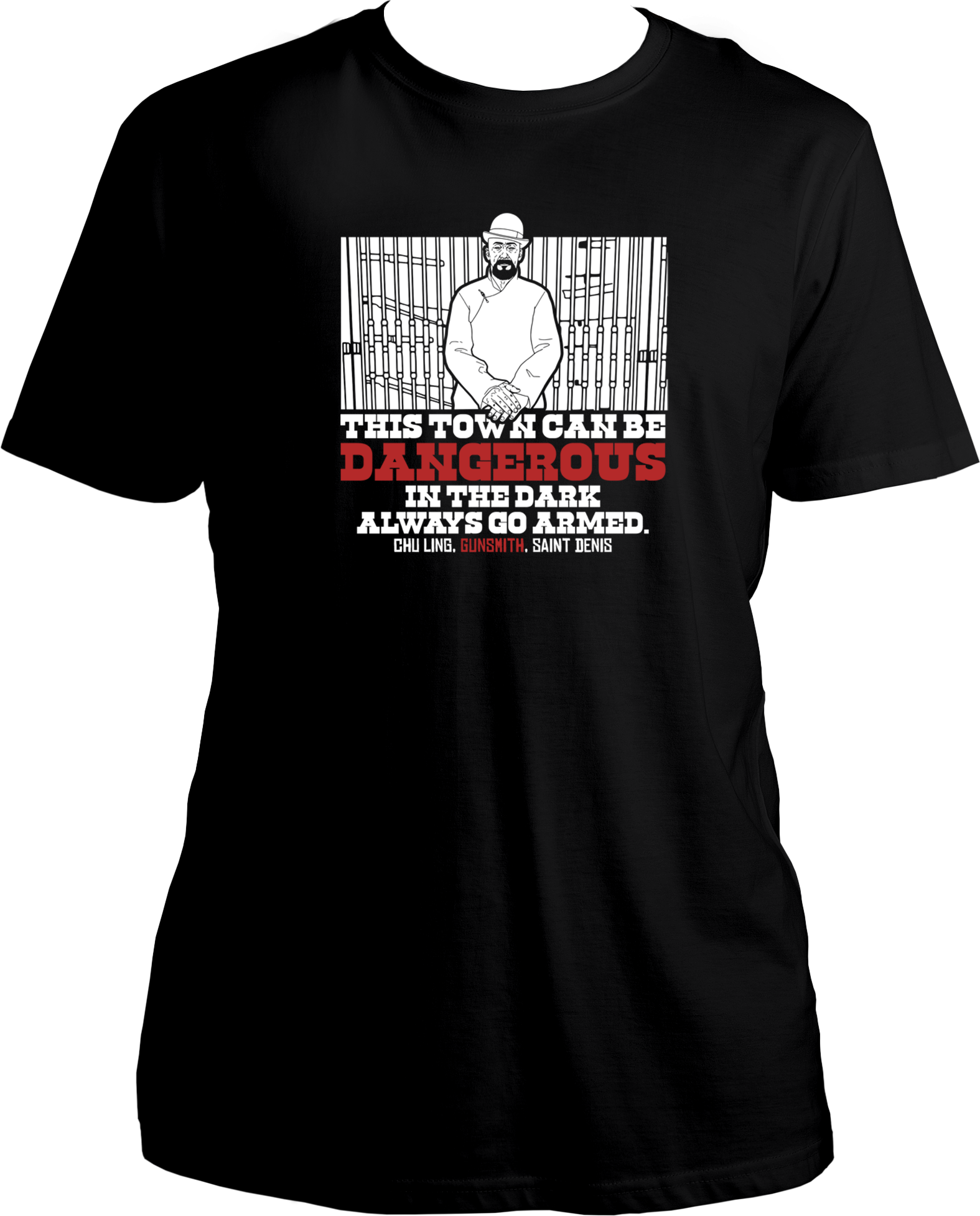 unisex t-shirt with Saint Denis Gunsmith Chu Ling design and quote “This town can be dangerous in the dark. Always go armed.” – Garrari RDR2 Collection