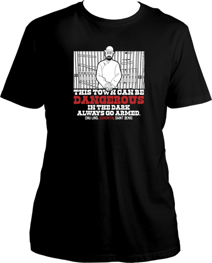 unisex t-shirt with Saint Denis Gunsmith Chu Ling design and quote “This town can be dangerous in the dark. Always go armed.” – Garrari RDR2 Collection