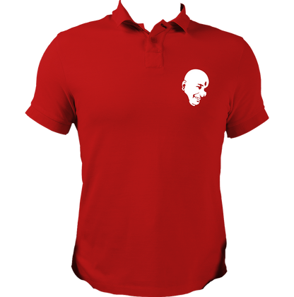 Red Guruji polo T-shirt with Bade Mandir Wale Guruji print by Garrari