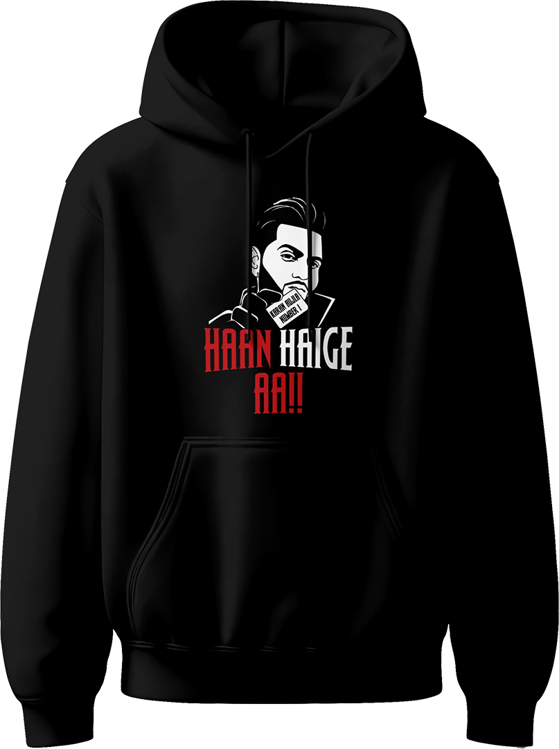Karan Aujla Unisex Hoodie with Haan Haige Haan design featuring his face silhouette. Perfect fan merch for concerts and casual wear. Available at garrari.com