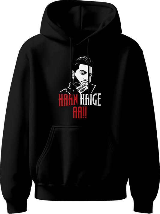 Karan Aujla Unisex Hoodie with Haan Haige Haan design featuring his face silhouette. Perfect fan merch for concerts and casual wear. Available at garrari.com