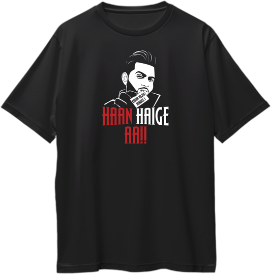 Oversized unisex T-shirt inspired by Karan Aujla’s hit song Haan Haige Haan, perfect for fans and concerts