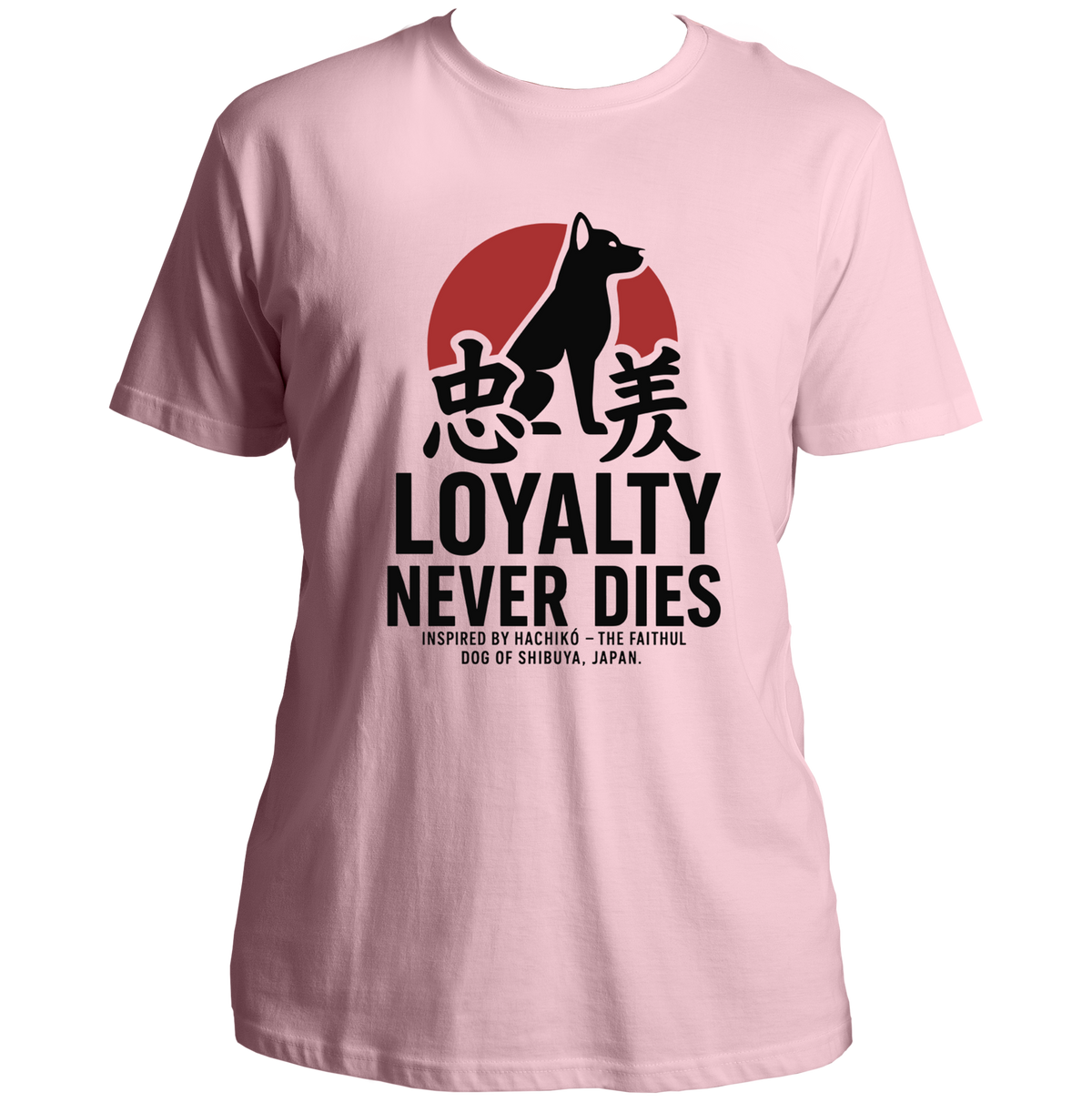 Baby Pink Loyalty Never Dies Hachiko Unisex T-Shirt with Akita dog loyalty graphic