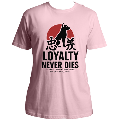 Baby Pink Loyalty Never Dies Hachiko Unisex T-Shirt with Akita dog loyalty graphic