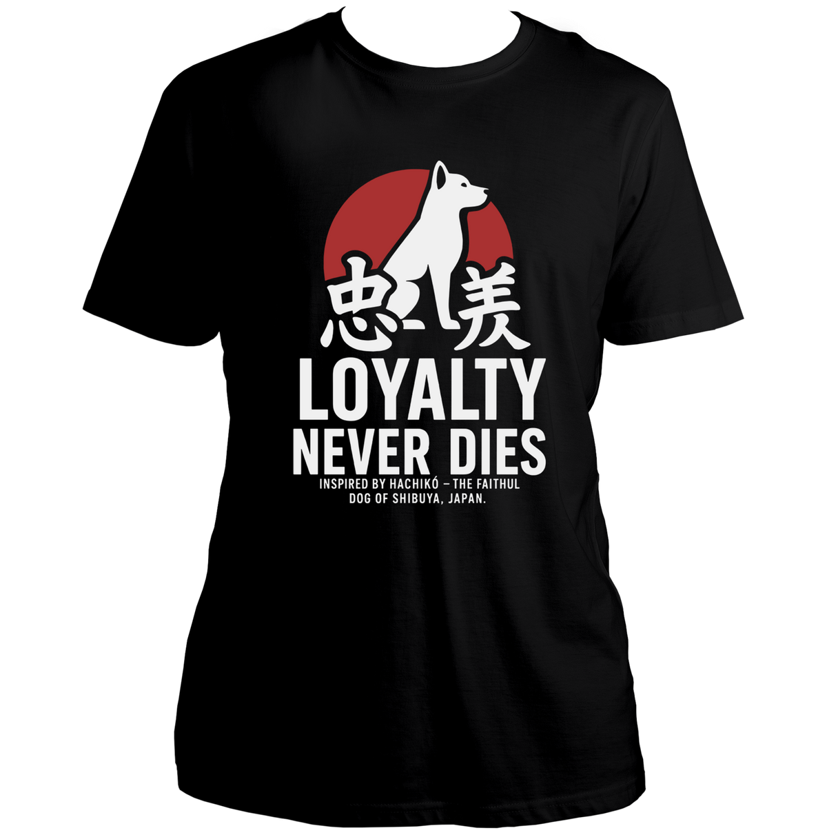 Black Loyalty Never Dies Hachiko Unisex T-Shirt with Akita dog loyalty graphic