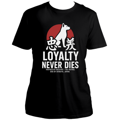 Black Loyalty Never Dies Hachiko Unisex T-Shirt with Akita dog loyalty graphic