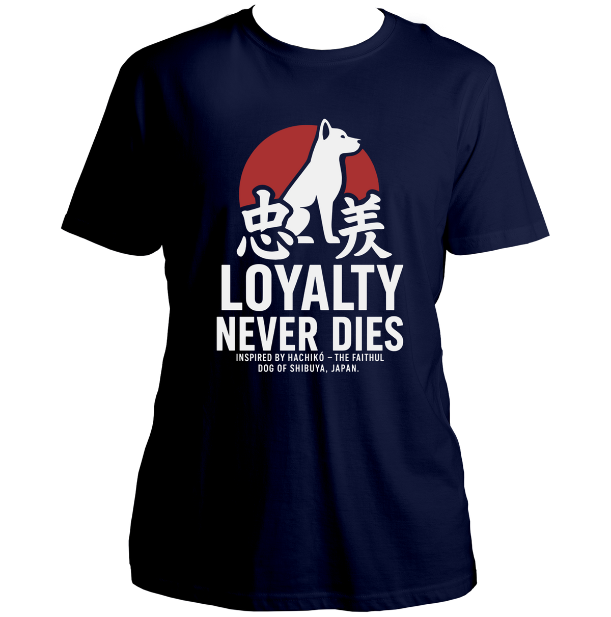 Navy Blue Loyalty Never Dies Hachiko Unisex T-Shirt with Akita dog loyalty graphic