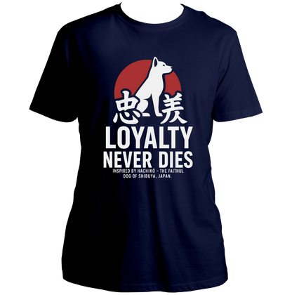 Navy Blue Loyalty Never Dies Hachiko Unisex T-Shirt with Akita dog loyalty graphic