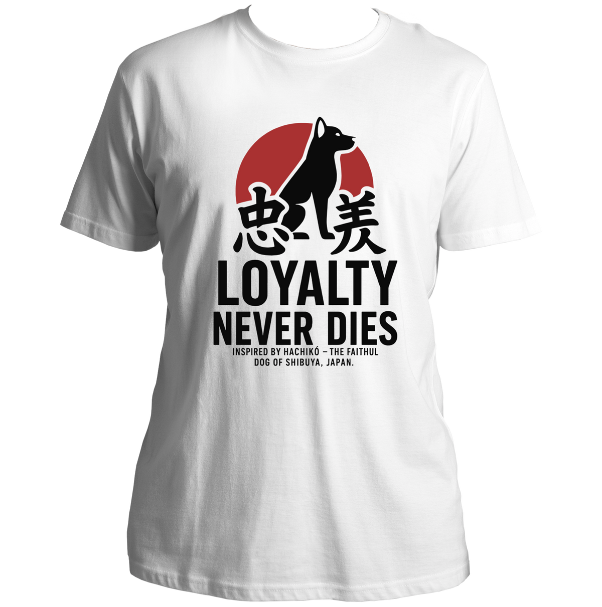 White Loyalty Never Dies Hachiko Unisex T-Shirt with Akita dog loyalty graphic