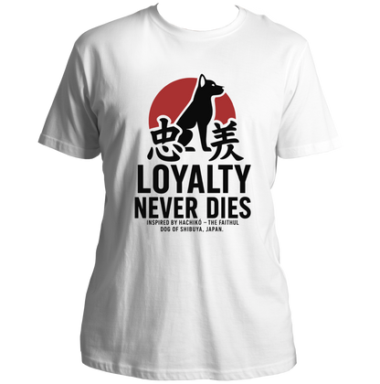 White Loyalty Never Dies Hachiko Unisex T-Shirt with Akita dog loyalty graphic