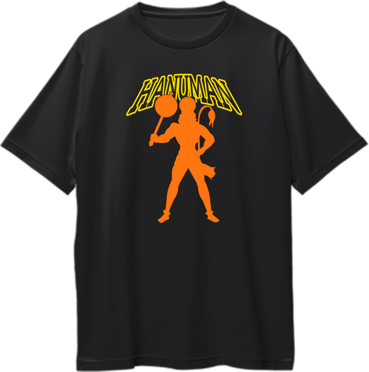 "Oversized unisex t-shirt with superhero silhouette of Lord Hanuman, spiritual and devotional Bajrangbali apparel."