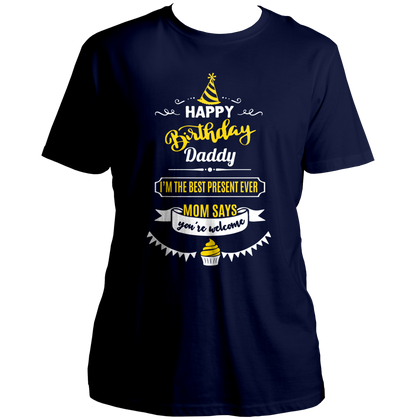 Navy Blue Happy Birthday Daddy Unisex T-Shirt by Garrari for son or daughter celebrating dad's birthday