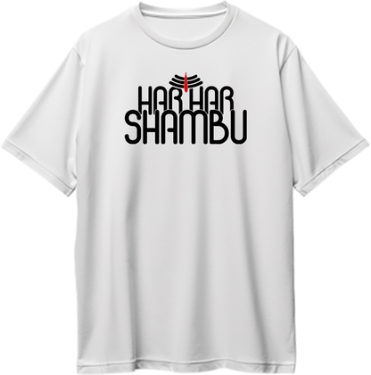 White Har Har Shambhu oversized T-shirt with Mahadev devotional typography by Garrari
