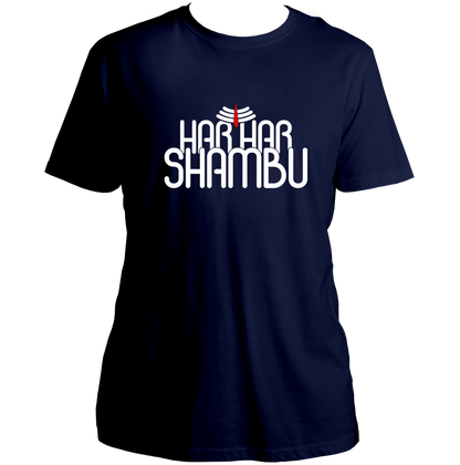 Navy Blue Har Har Shambhu unisex T-shirt with Shiva devotional typography by Garrari