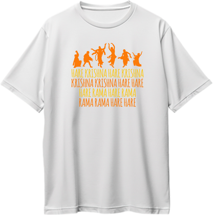 White Hare Krishna Hare Rama oversized T-shirt with dancing devotee devotional print by Garrari
