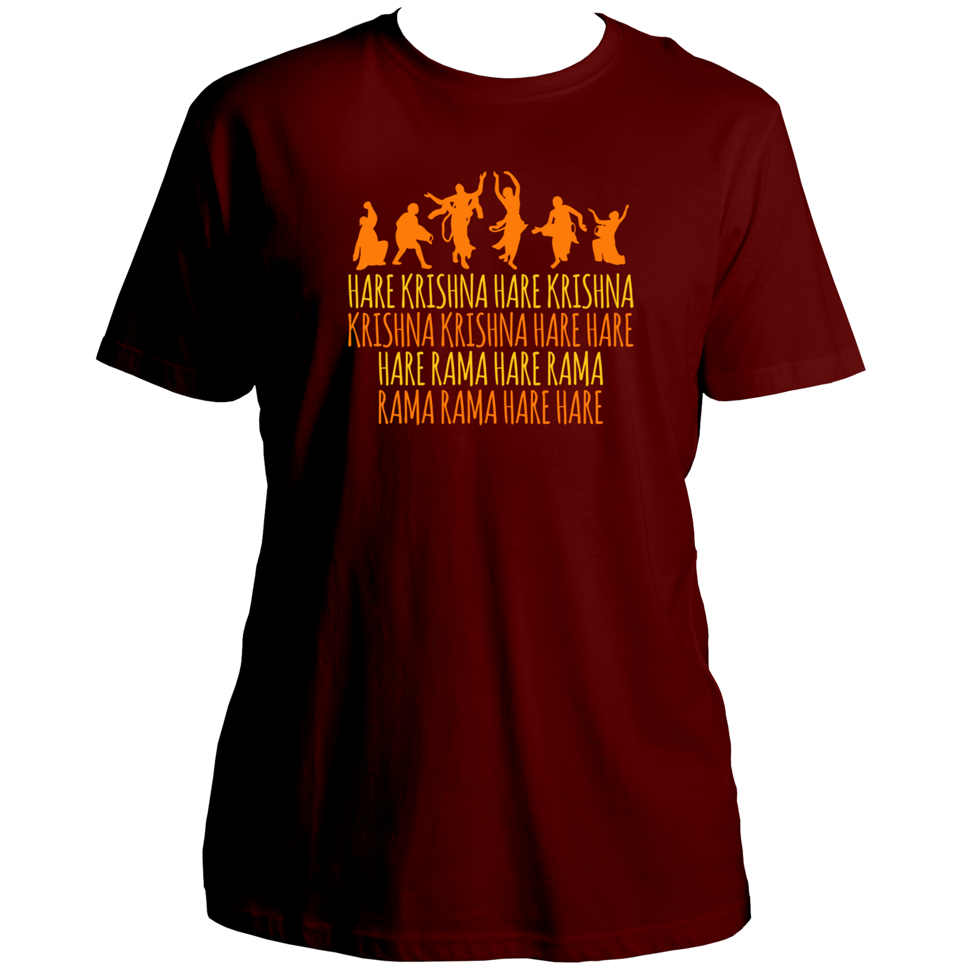 Maroon Hare Krishna Hare Rama T-shirt with dancing devotee kirtan print by Garrari